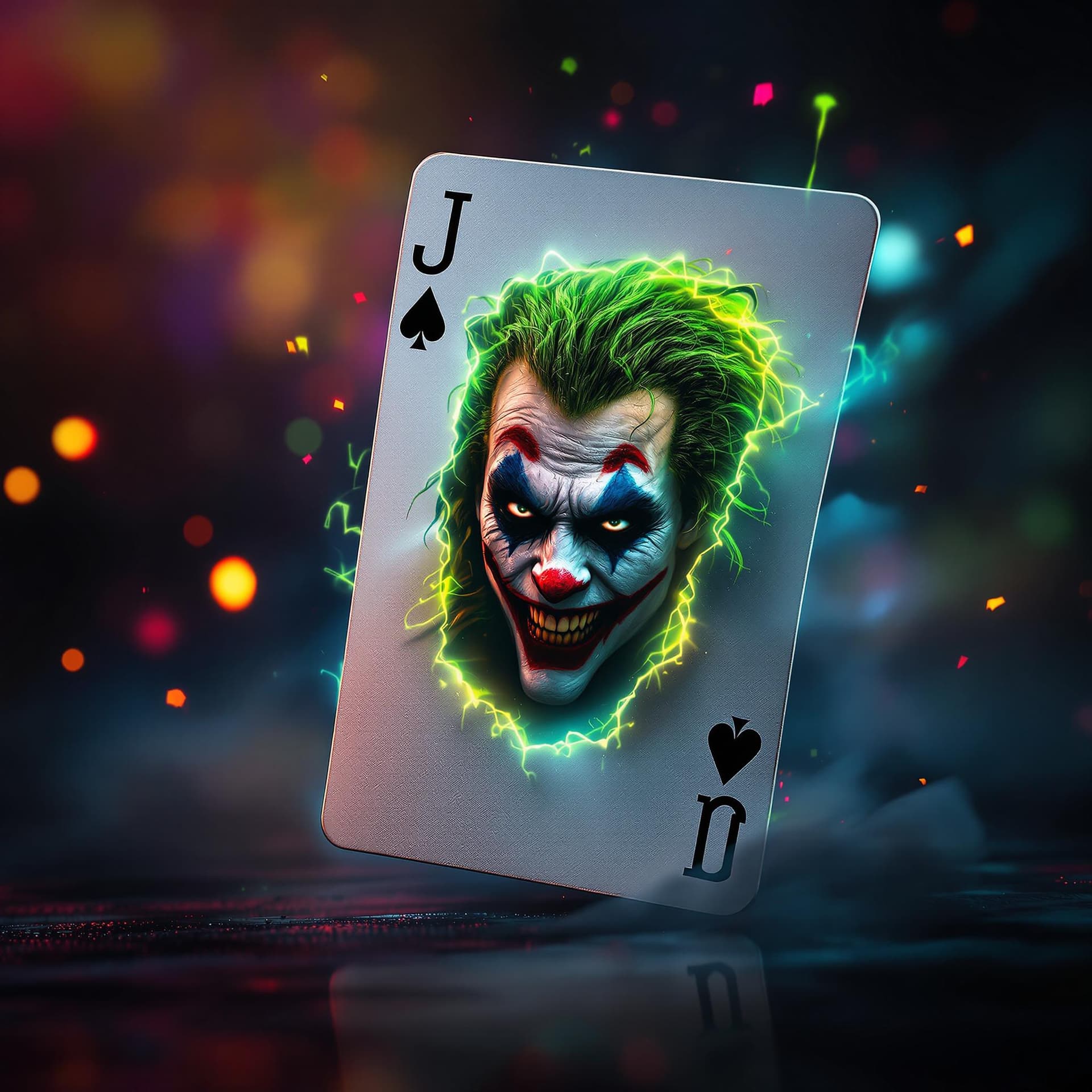 AI generated: a realistic joker playing card with the Joker character's image is emerging out of the card, wild gr...