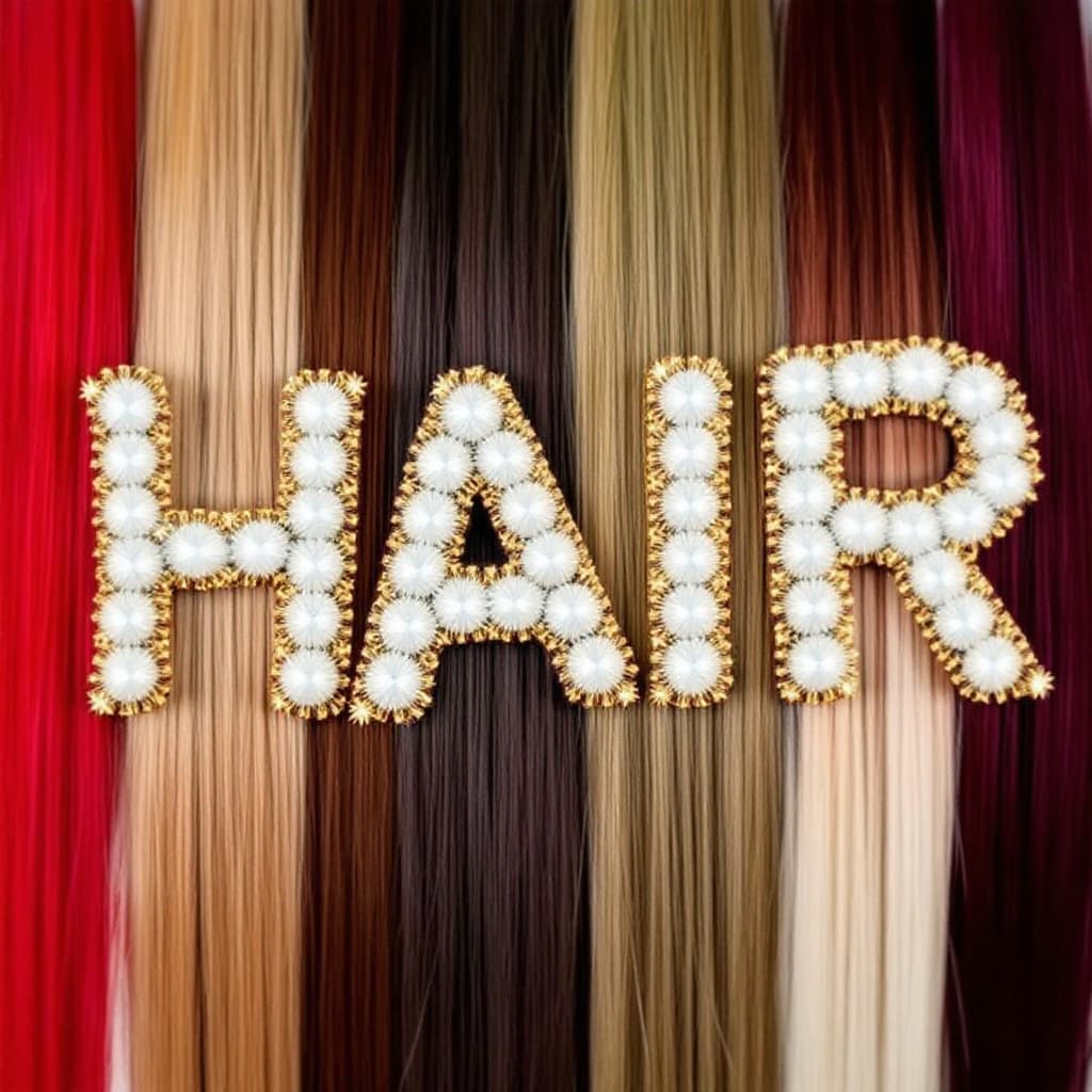 AI generated: HAIR EXTENSIONS OF DIFFERNT COLORS SPELLING OUT THE WORD "HAIR" IN "SAMMYS HAIR EMPORIUM"