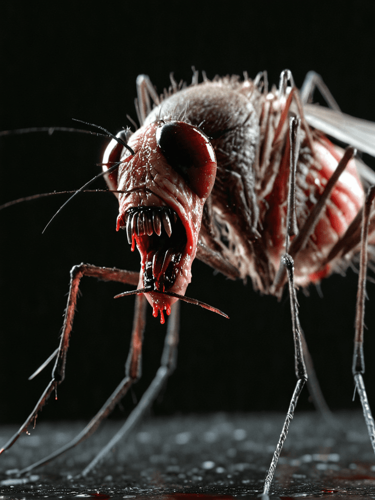 AI generated: very realistic creepy mosquito, natural light, high detail skin, creepy setting, horror, dripping wi...