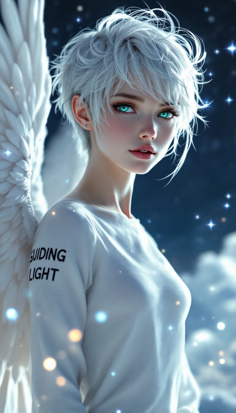 AI generated: A hyper-realistic portrait of a female angel character with pearlescent skin and short, silver hair,...
