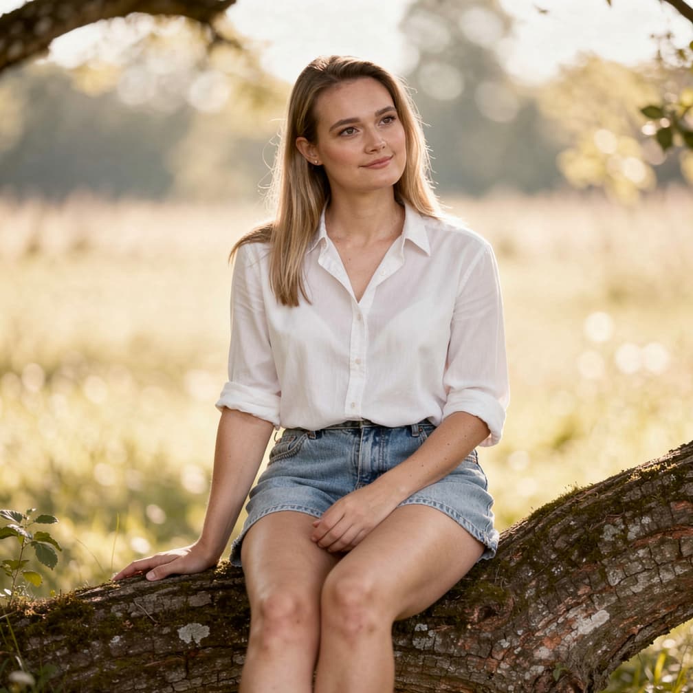 AI generated: A woman relaxes in contemplation on a thick branch of a tree, her style radiating through every deta...
