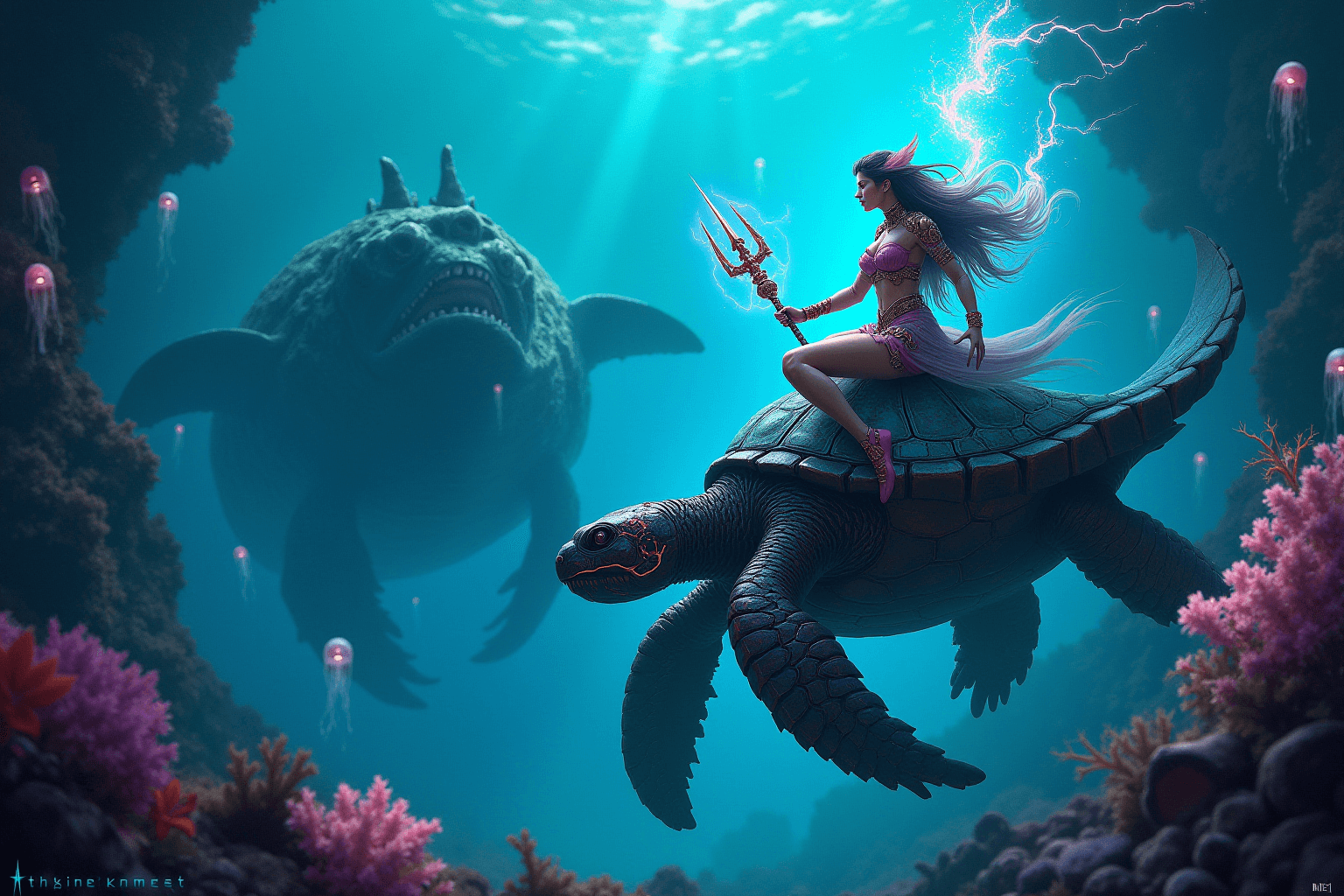 AI generated: A fierce female warrior riding a giant, bioluminescent sea turtle through an underwater battlefield....