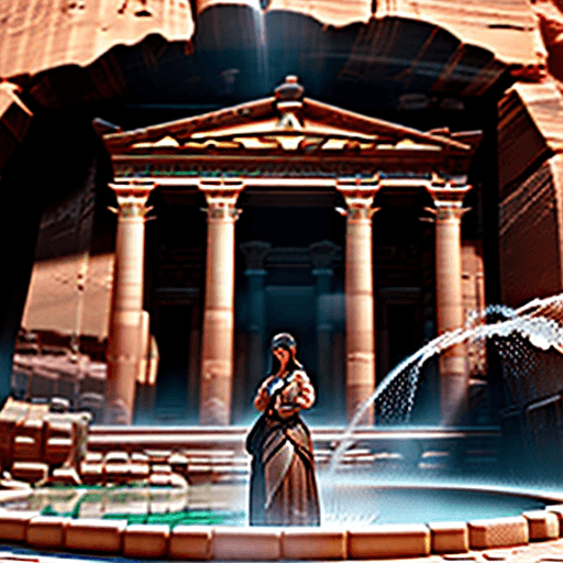AI generated: a beautiful lady standing in front of the Treasury in Petra with water pouring, in the style of gong...