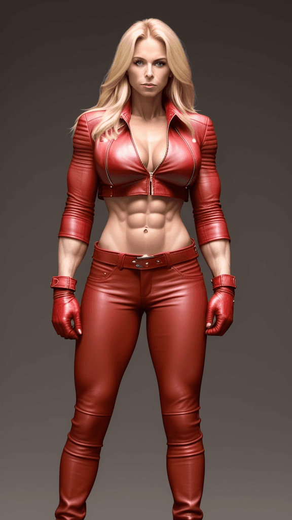 AI generated: 30 year old very strong  muscular woman, toned biceps, long blonde hair, wears red leather pants, we...