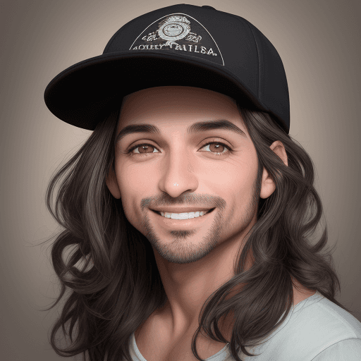 AI generated: Retrato de autofoto hiperrealista de un chico de 30 años, cabello negro (con gorra hacia atrás), son...