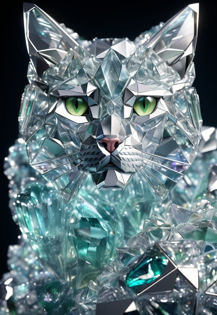 AI generated: a close up of a cat (made from a many cristal fragmrnts:1.2), (crystal cubism:1.2), with green eyes,...