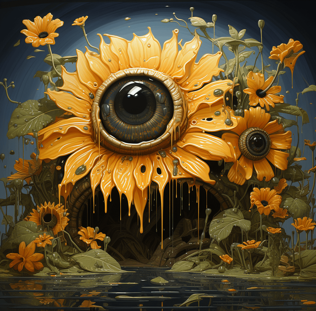 AI generated: a painting with sunflowers with yellow water dripping all over, in the style of surrealistic grotesq...