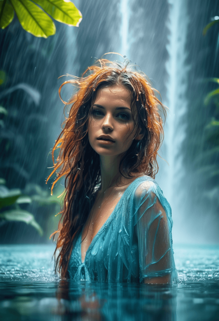 AI generated: closeup, woman, full body, brunette hair, long hair, wet hair, swimming in a pond under a tropical w...
