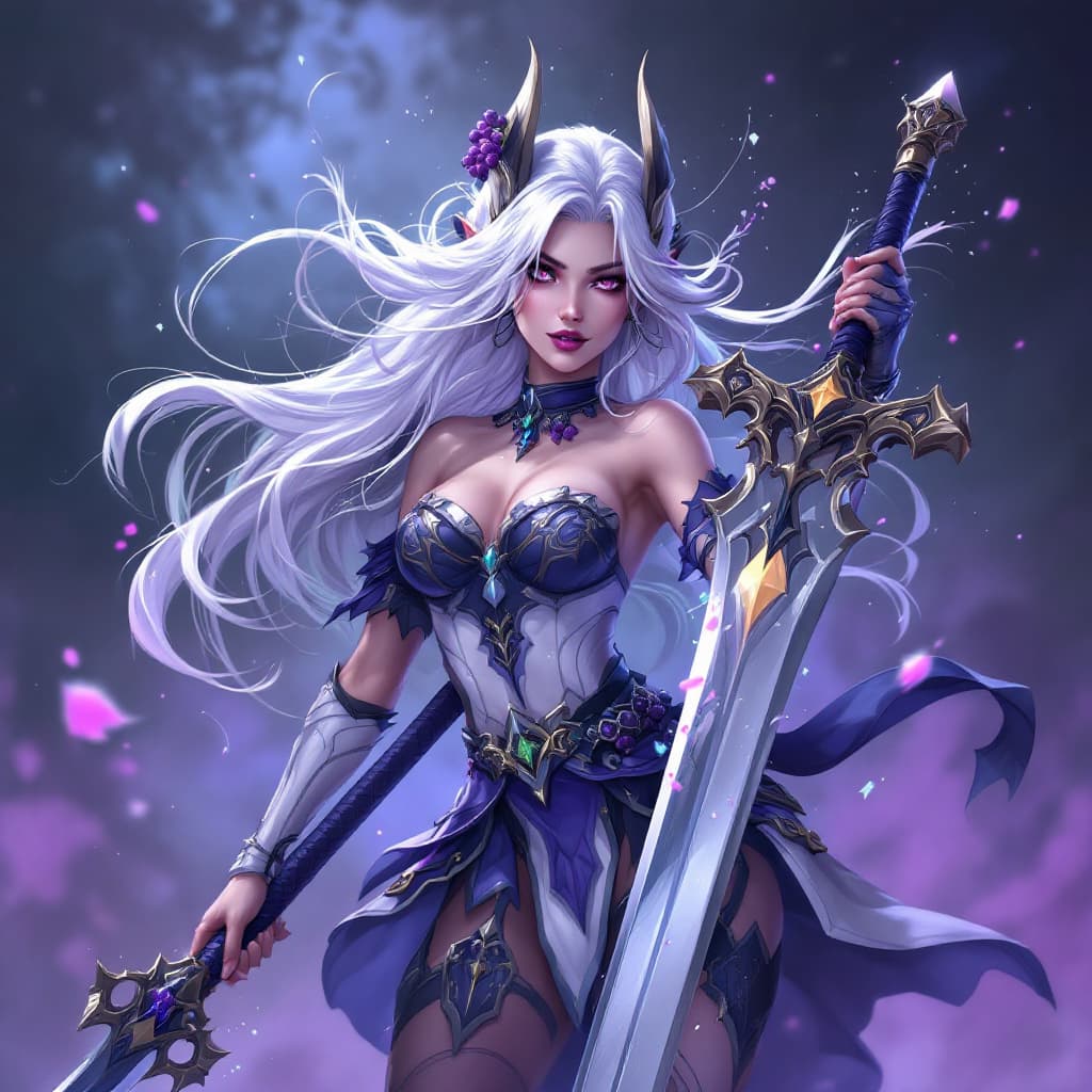 AI generated: warrior woman with white hair,  anime style, grape big sword, fantasy, splash art gacha