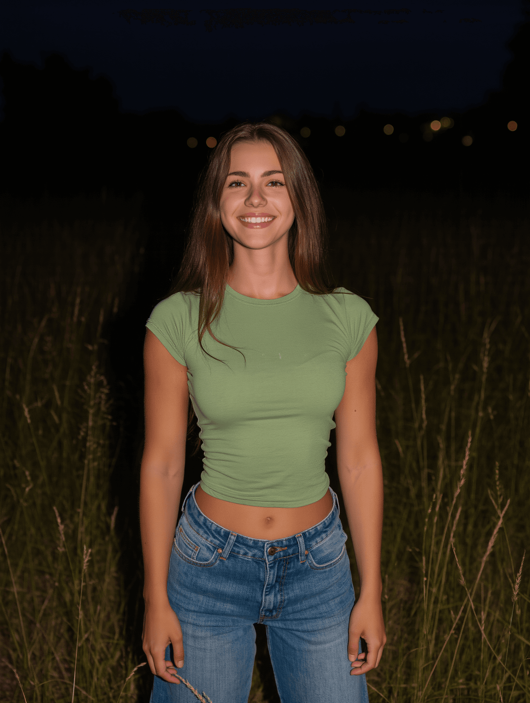 AI generated: A woman stands alone in an overgrown grass field on a late night, surrounded by darkness that only a...