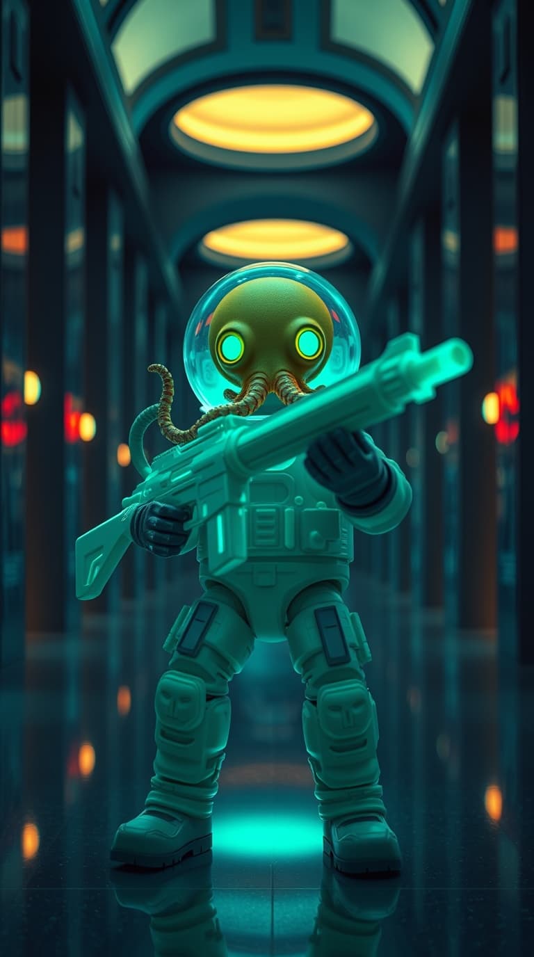 AI generated: Precise architectural color photograph of a bioluminescent humanoid figure with an octopus head and ...