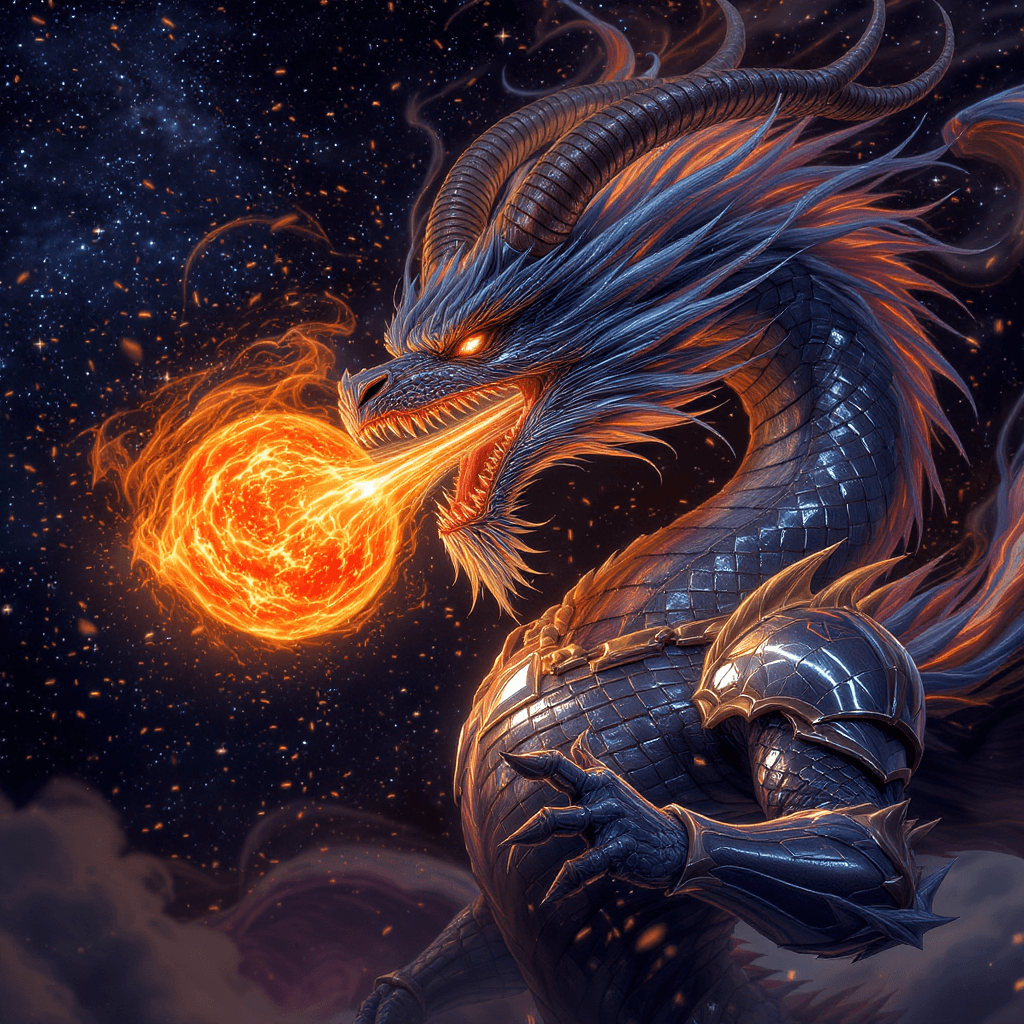 AI generated: In hyper realism style, a fire water dragon mixed with goat horns, wearing vibranium dragon scaled a...