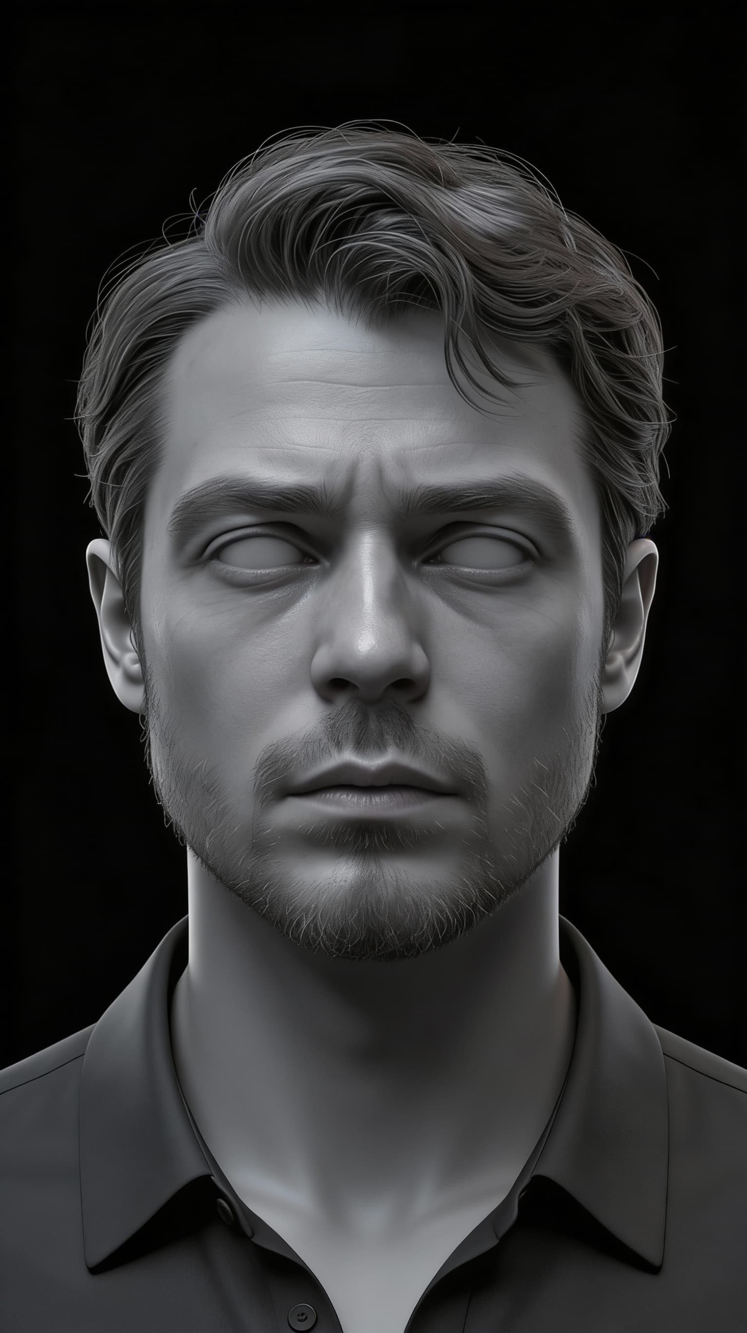 AI generated: Emotionless human face, blank expression, gray desaturated colors, empty eyes, mental shutdown conce...
