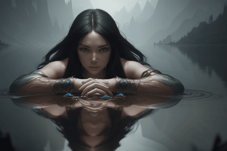 AI generated: first person perspective of a woman looking at her hands full of rings, the woman is reflected in th...
