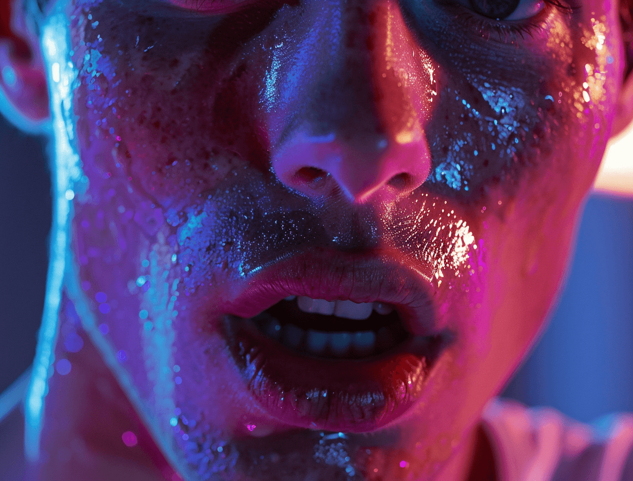 AI generated: Close up of male model's mouth open, very hot and sweaty, wearing a t-shirt, DVD screengrab in the s...