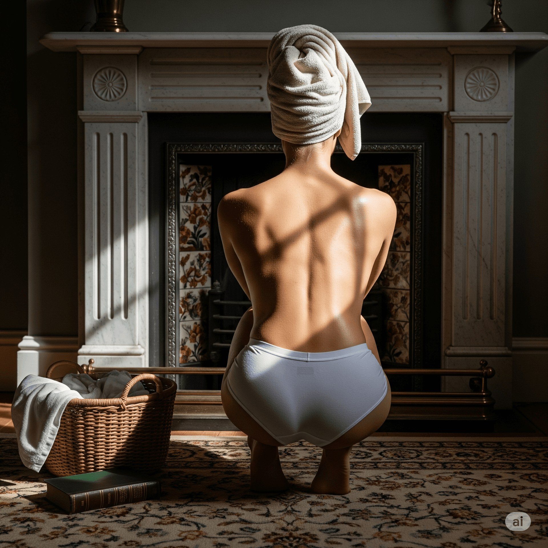 AI generated: Ultra-realistic, high-definition photograph from a low angle of a person from behind, wearing pristi...