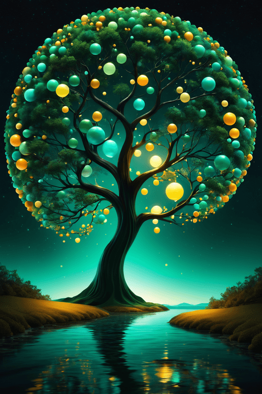 AI generated: a colorful tree in the dark of night, in the style of luminous spheres, concept art, joel robison, f...