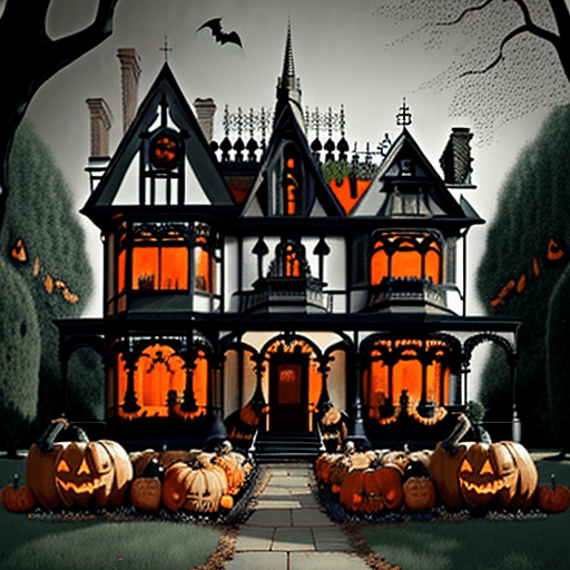 AI generated: an old victorian house with pumpkins on the front lawn and trees in the, maximalism, pinterest, vict...