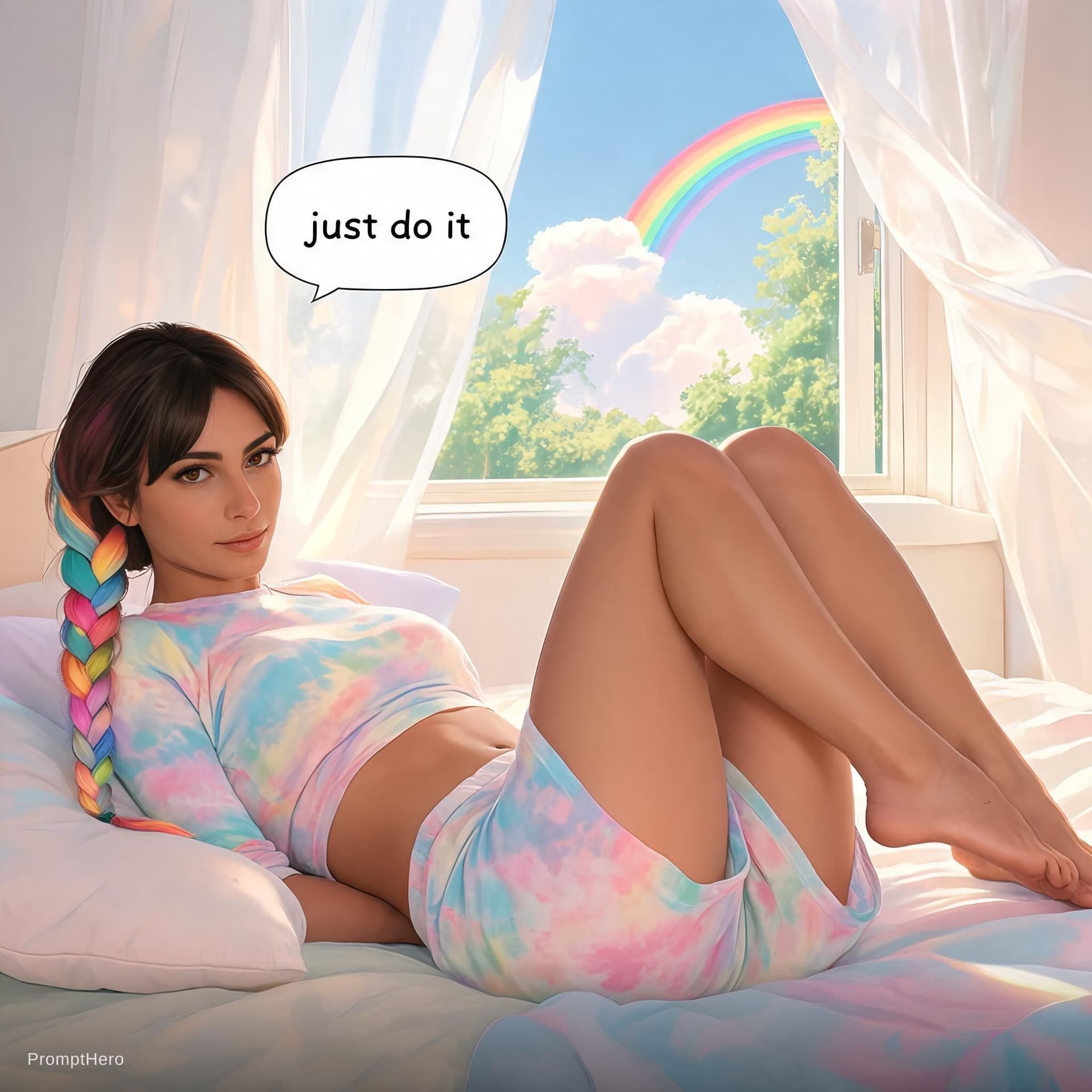 AI generated:  (pastel color:1.6) scheme, side view, Morena Baccarin, tall 1woman, woman with (long rainbow hair i...