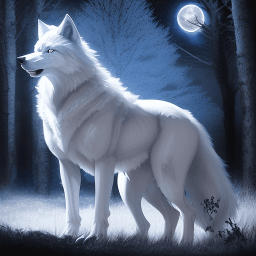 AI generated: White wolf standing in the moonlight with blue eyes, woods around it and stars in the sky, realistic...