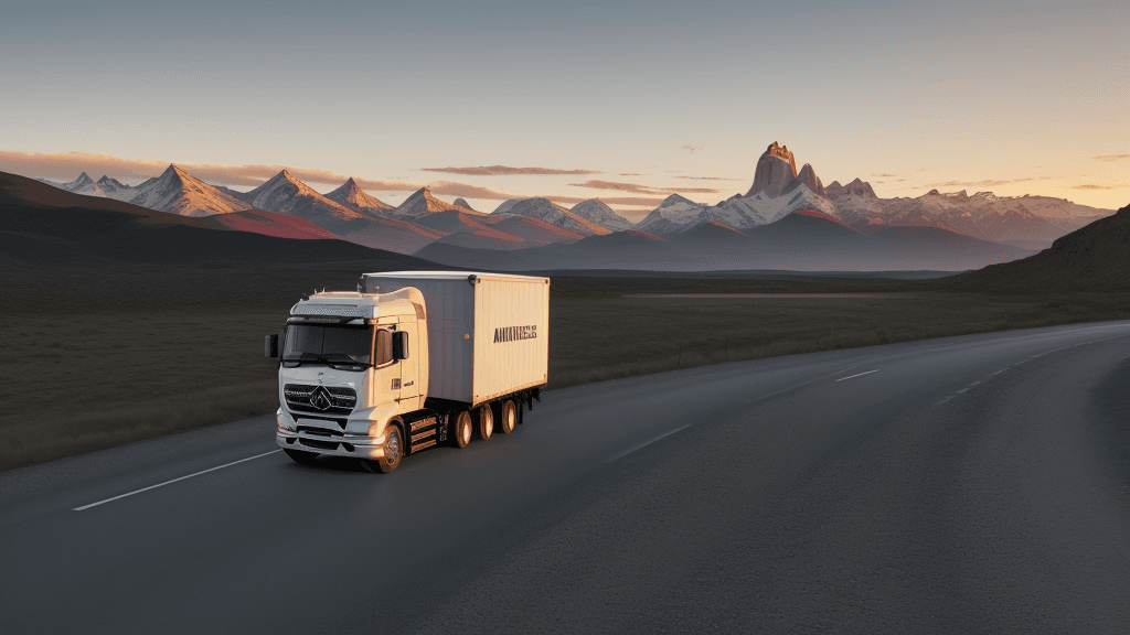 AI generated: Photo of an ultra realistic Daimler mercedes benz truck with a white rigid trailer box driving on Ro...