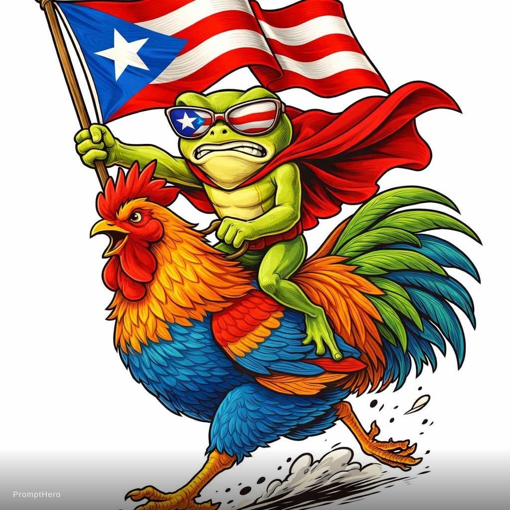 AI generated: angry superhero frog riding a proud rooster like a heroic horse, the frog wearing a flowing superher...