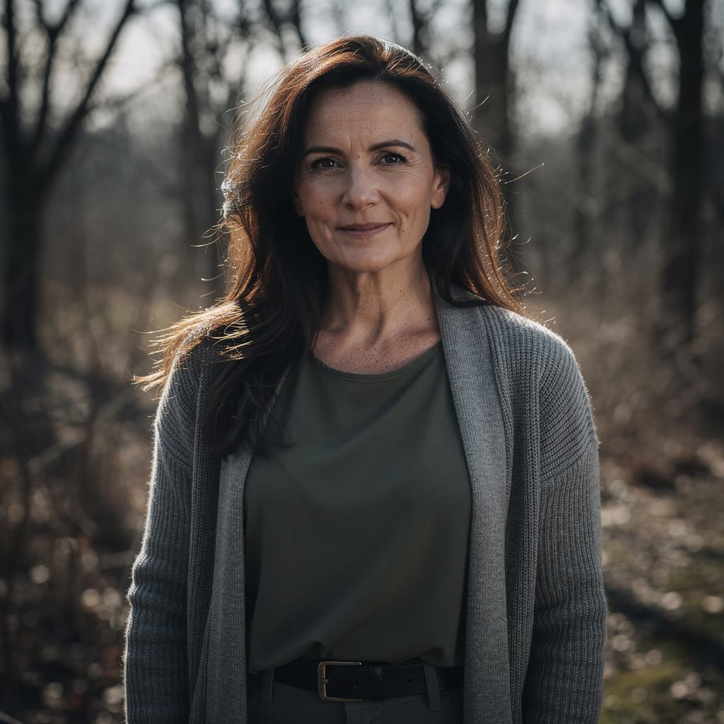 AI generated: cinematic image with dark shadows and high contrast,

A middle-aged woman with long, dark brown hair...