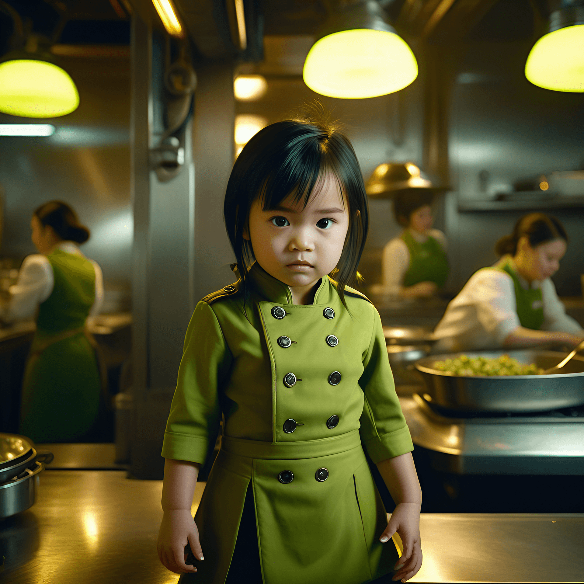 AI generated: restaurant, aggressive baby girl cook, intricate highly detailed formal Chartreuse Earthy green clot...