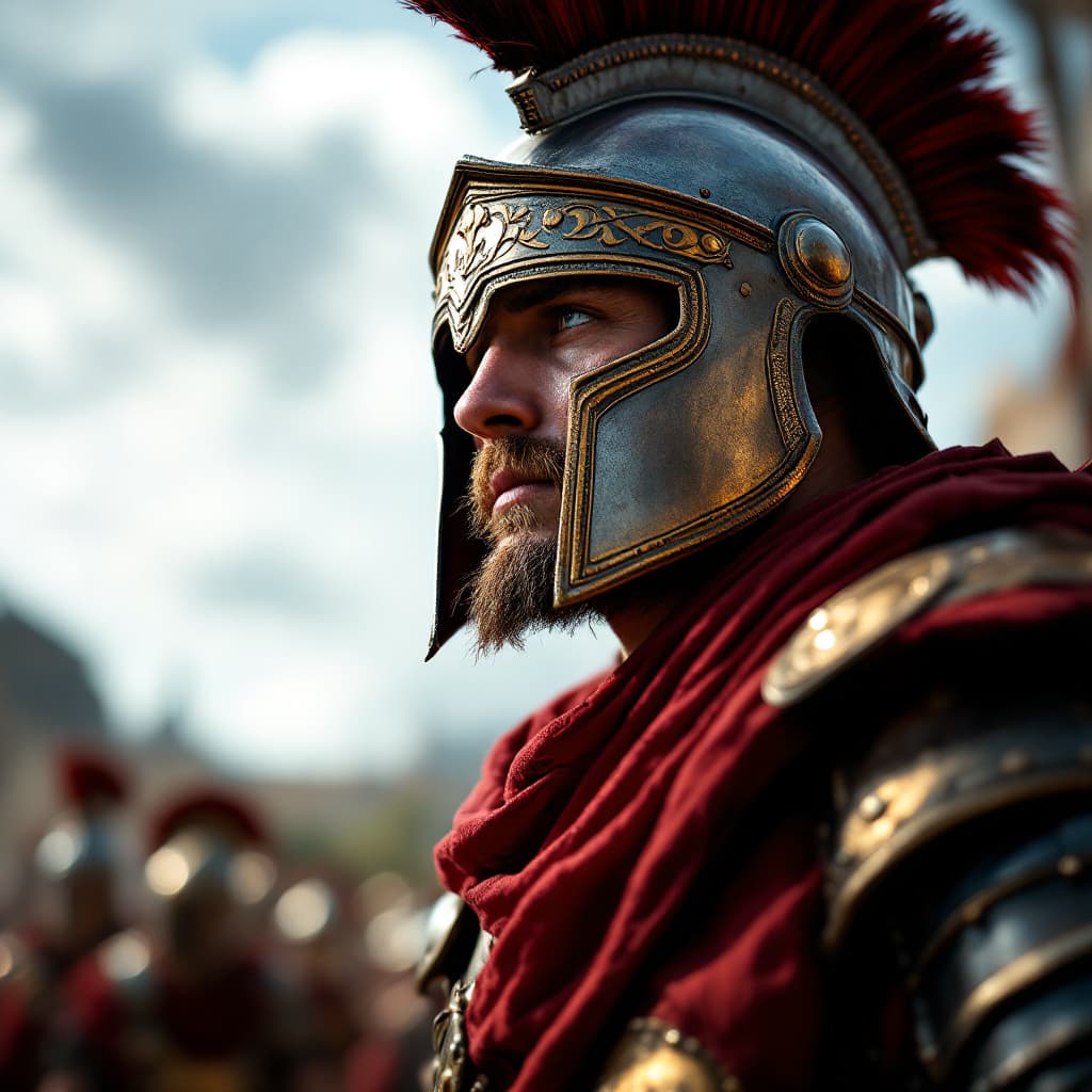 AI generated: Extreme low angle photo of a Roman legionary wearing his helmet and armor, he is awaiting for the st...