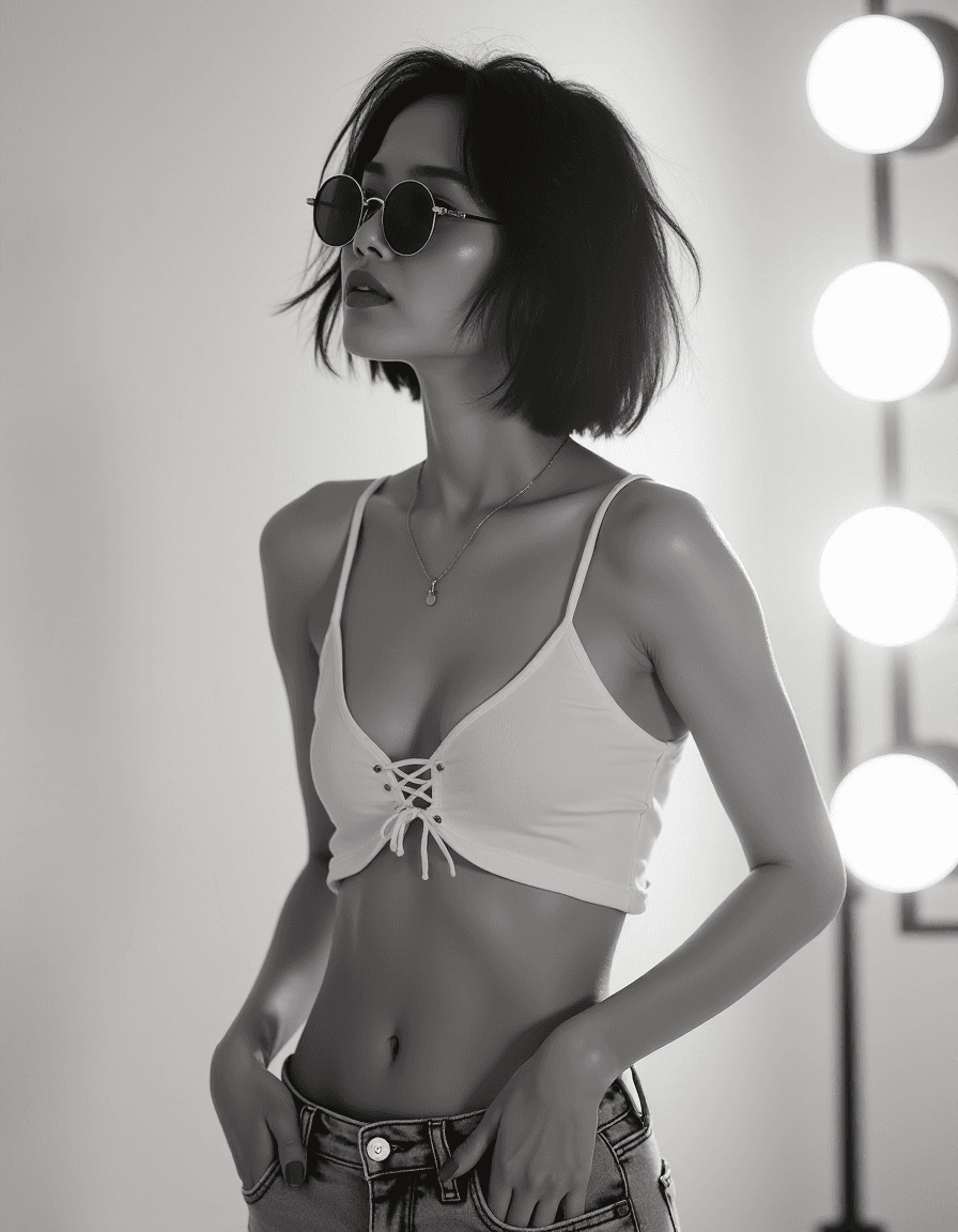 AI generated: monochrome High fashion black and white upper body photo of a slim, small breast, flat chest, abs, y...