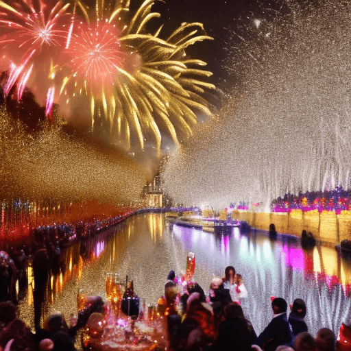 AI generated: New Year's Eve in Italy, a vibrant outdoor celebration filled with energy and glamour. People dresse...