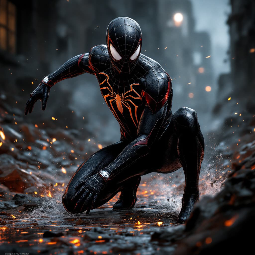 AI generated: a full body shot of spiderman in his black suit from the comics character concept art by Roberto Fer...