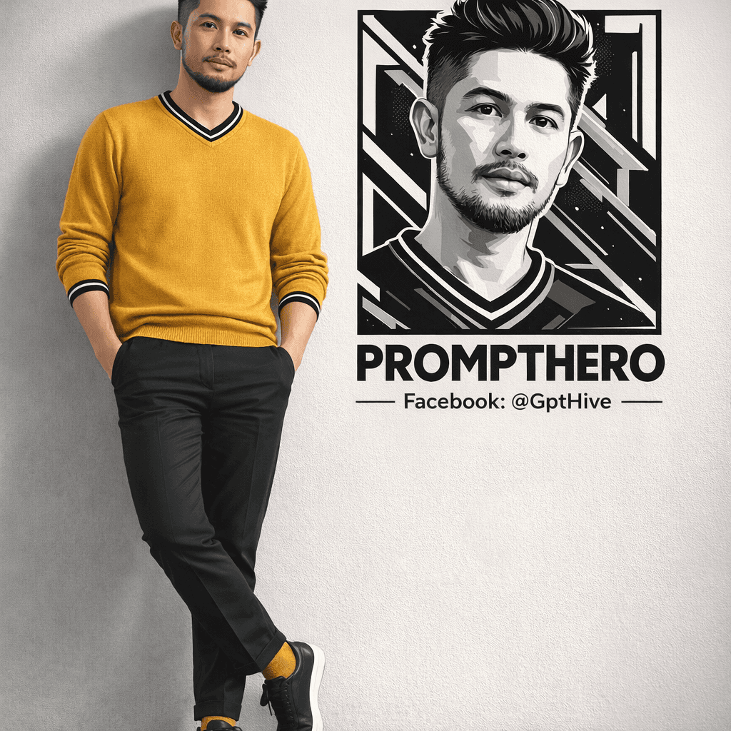 AI generated: "Ultra-realistic 8K full-body portrait of a stylish young man leaning casually against a clean light...