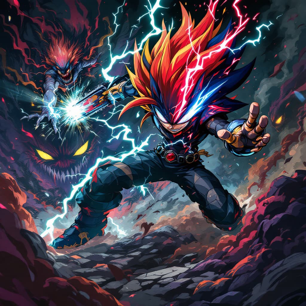 AI generated: Anime-style illustration of a fusion character combining Pochita and Sonic, battling alongside each ...