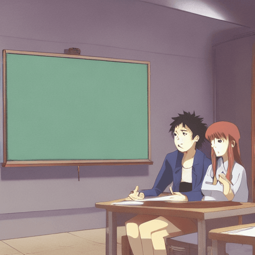 AI generated: 
high definition anime portrait of 2 college students explaining in a classroom to 13 year olds look...