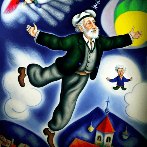 AI generated: Old Jewish man flying, in the style of Chagall, detailed, 4K