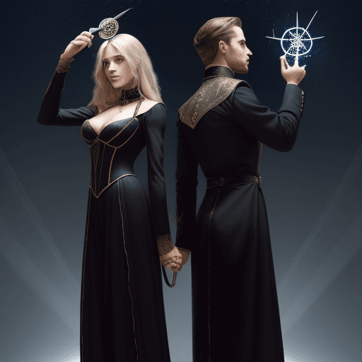 AI generated: man and woman standing back to back both in clothing of stage magicians. The man is holding a pentac...