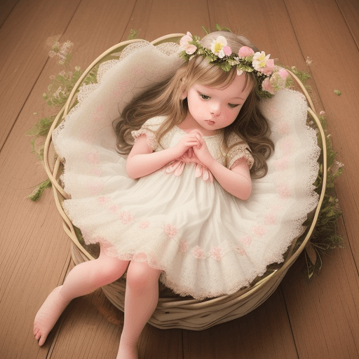 AI generated: baby girl in flower crown in wicker basket on wooden floor, beautiful little girl, flower child, cut...
