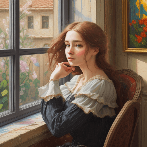 AI generated: a painting of a woman sitting near a window, in the style of beautiful women, playfully intricate, h...