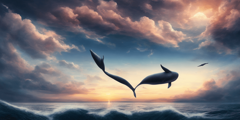 AI generated: a beautiful scenery, digital rendering, trending on pixiv fanbox, whale in the sky, at the sunset, m...