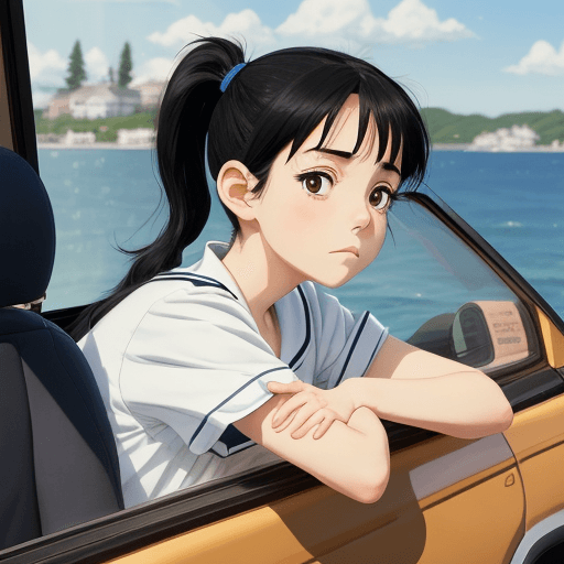 AI generated: Beautiful and cute, black hair in a ponytail, sailor suit, looking out from inside the car, expressi...