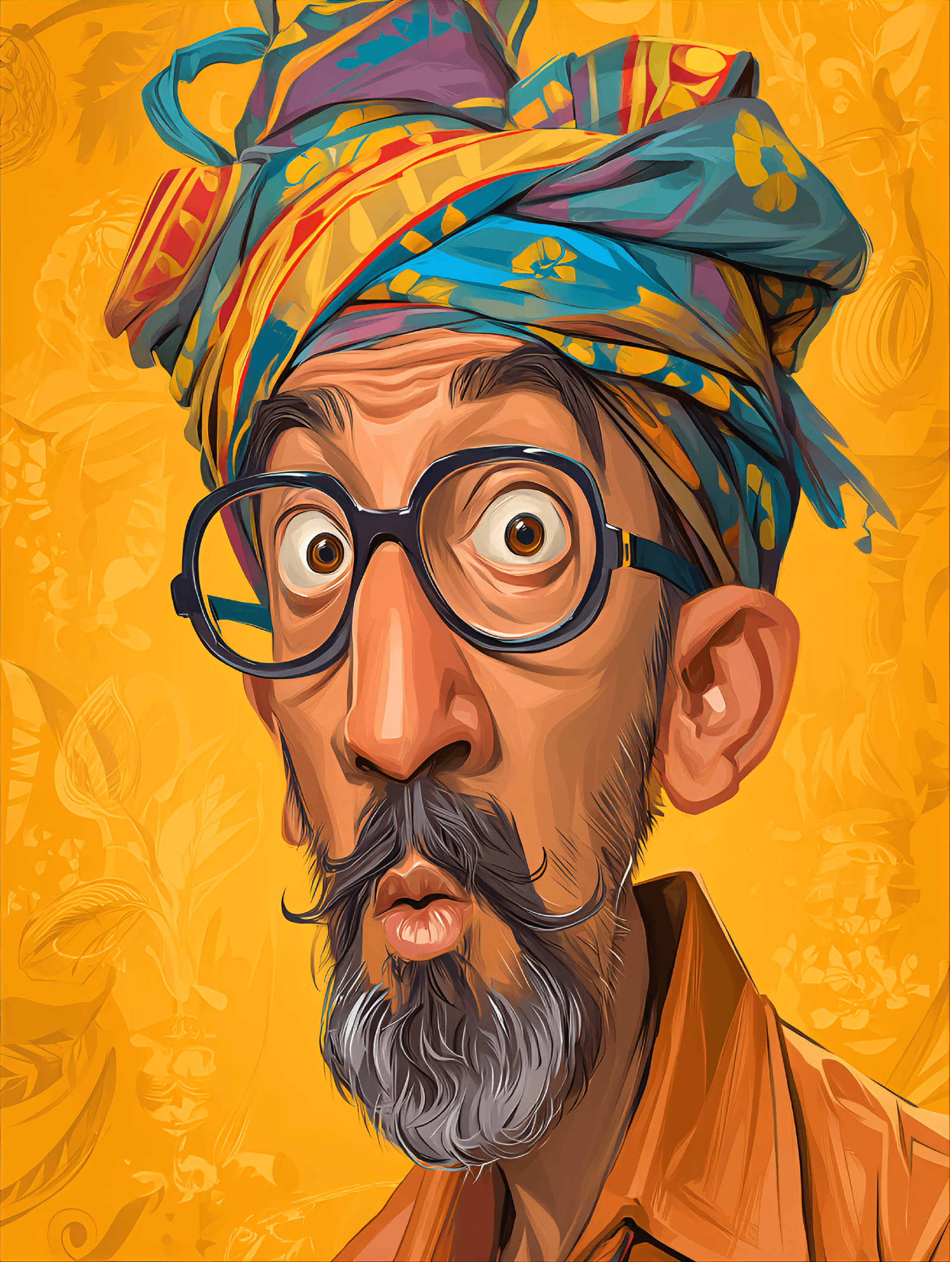 AI generated: funny caricature, quirky man with turban caricature, middle-aged asian male, 45 years old, colorful ...