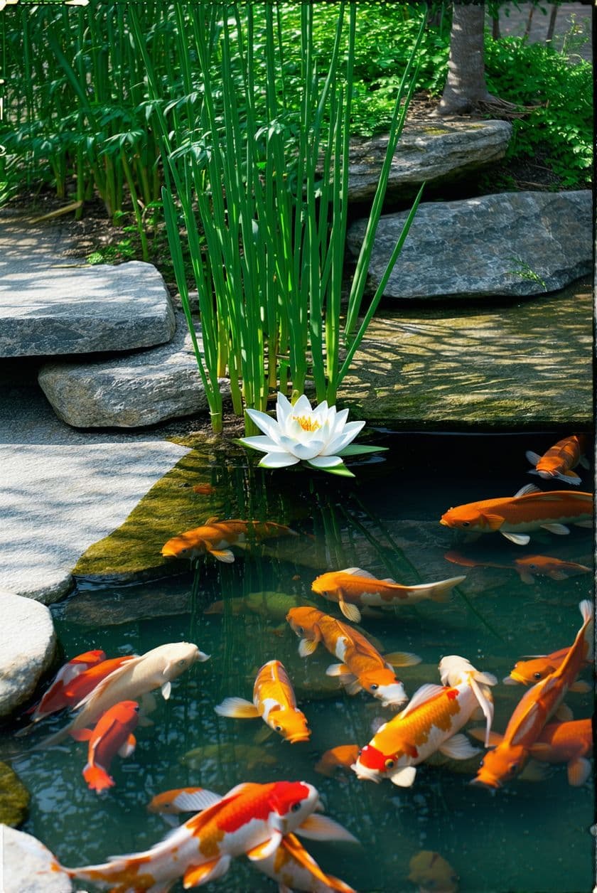 AI generated: quiet pond with lilies and carp in the water. rocky shore.