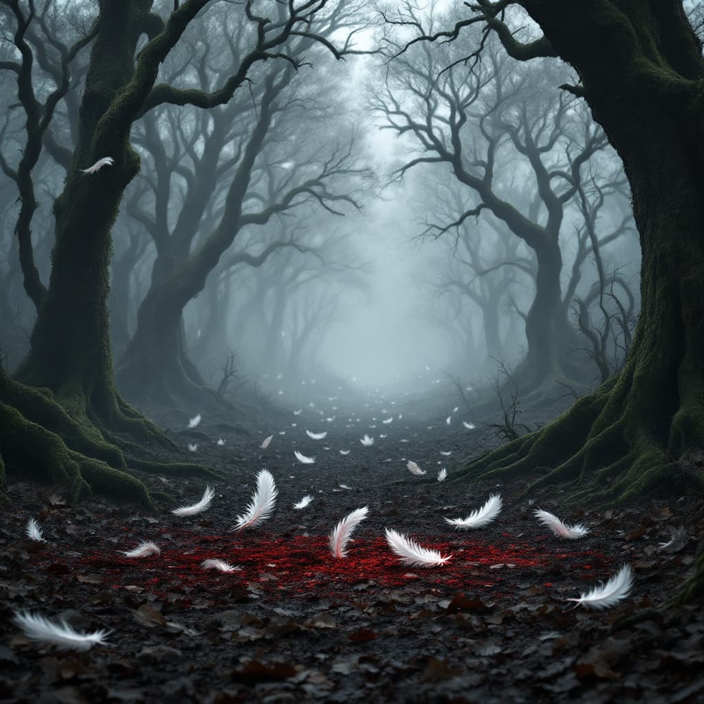 AI generated: Scene: A grayscale forest clearing in ancient Britain, surrounded by twisted, moss-covered trees and...