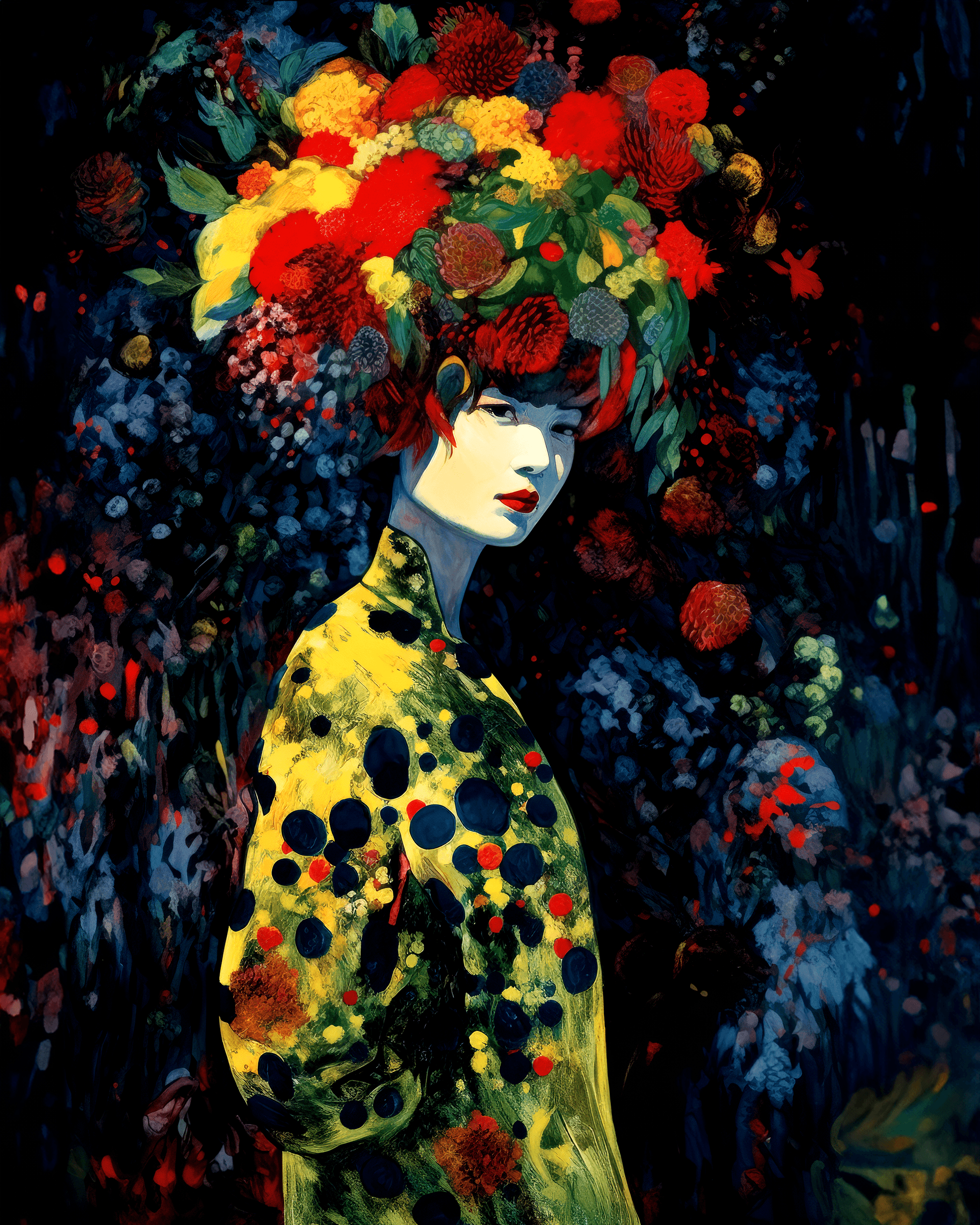 AI generated: a woman dressed as a flower, in the style of surreal cyberpunk iconography, vibrant still lifes, mad...