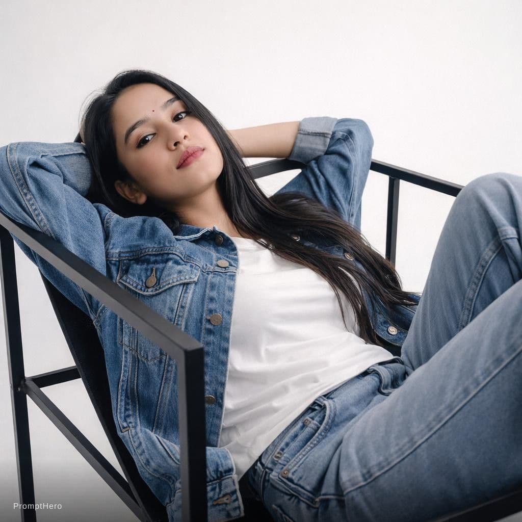 AI generated: photography, young woman model with long black hair, contemporary photo-shoot, lounging in an archit...