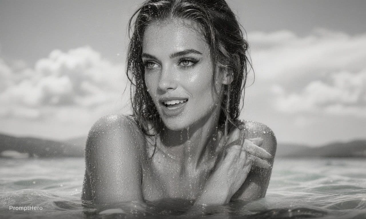 AI generated: photo of a woman in the water, black and white with pops of color, frameless, freya, droplets, magaz...