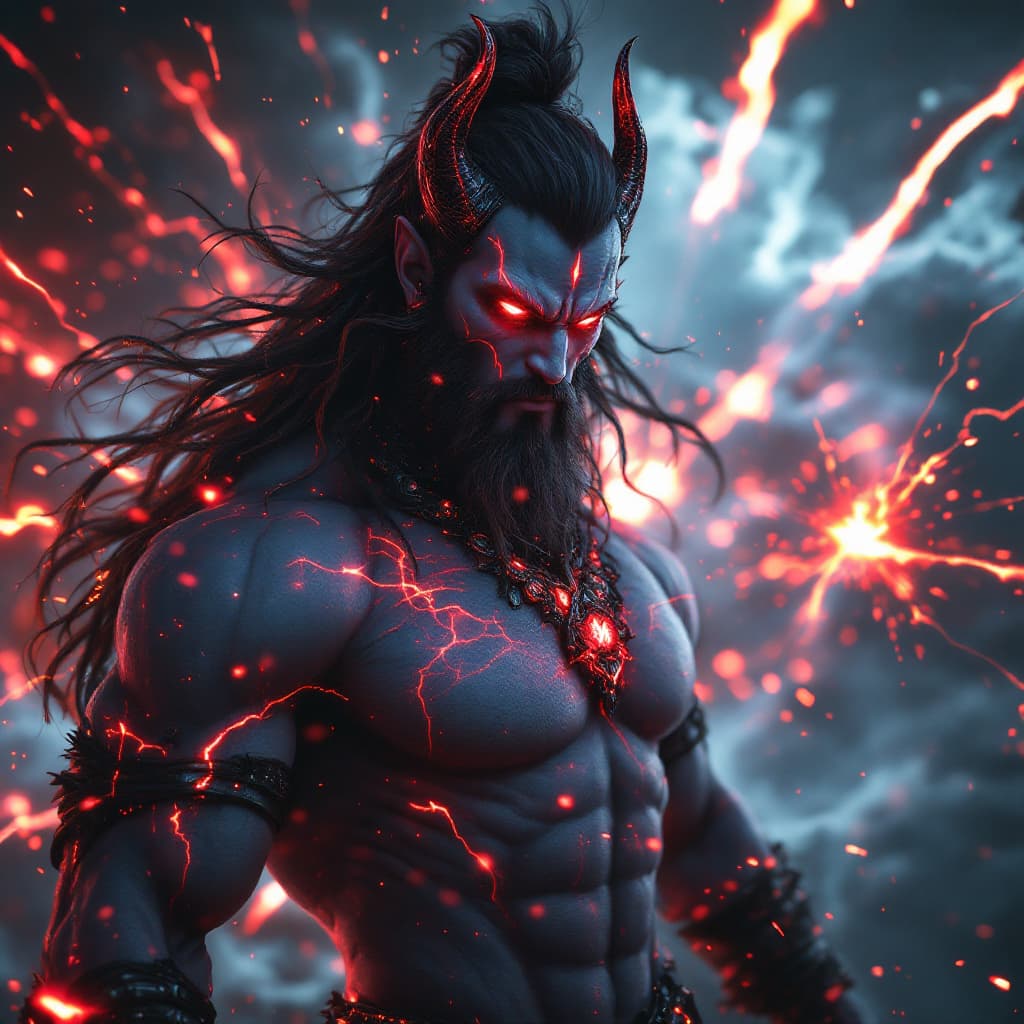 AI generated: God of Energy shiva and Plasma full-body, Etherial, muscular, Glowing red eyes, epic, cinematic, 8k,...