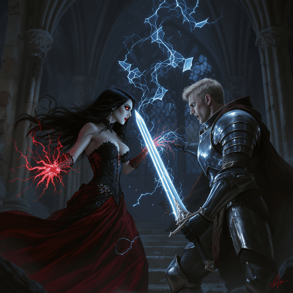 AI generated: A scene featuring:

1. **Zara** – tall vampire noblewoman with pale skin, red eyes, and long wavy ...