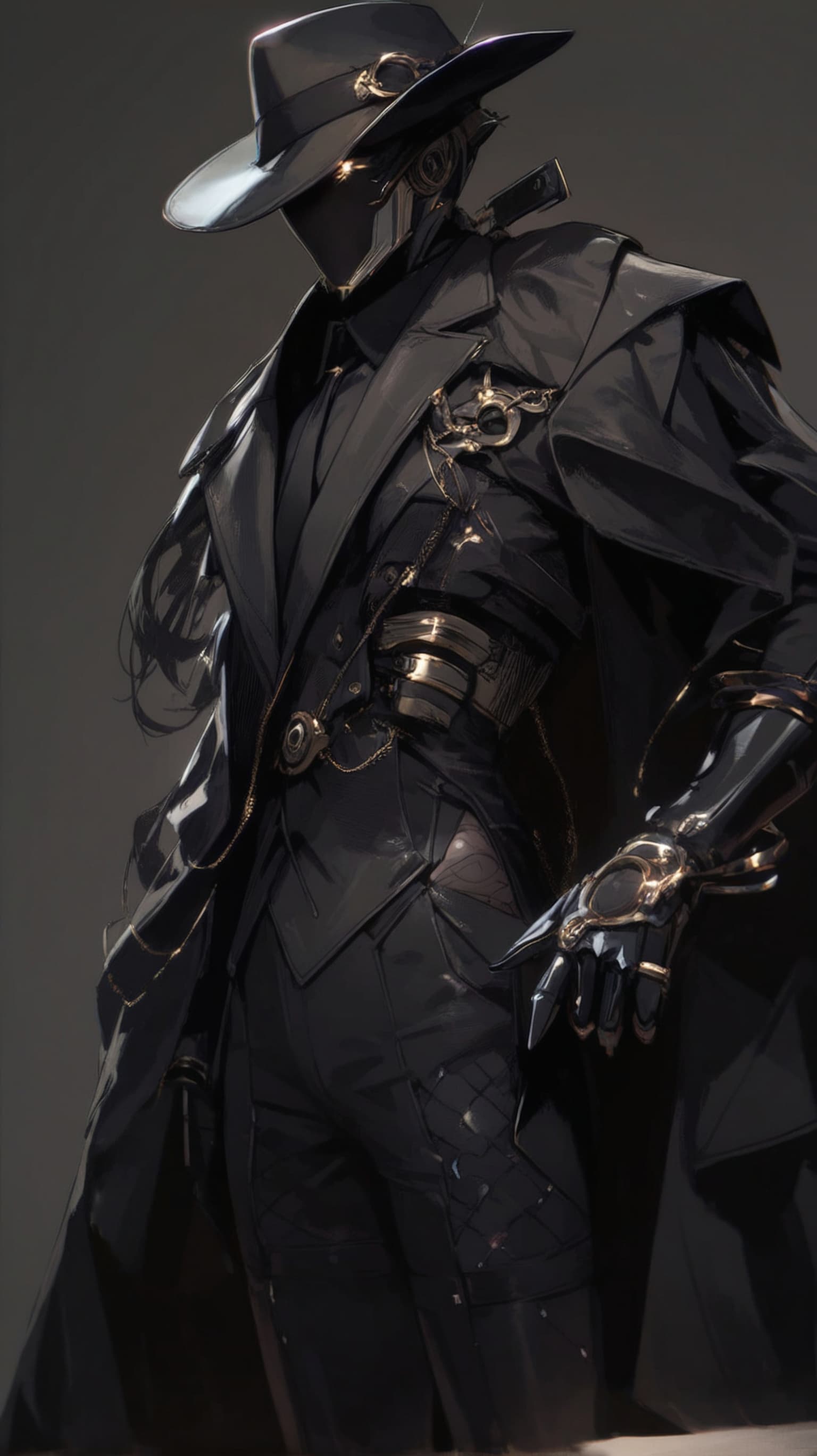 AI generated:  The image depicts a highly detailed humanoid figure dressed in an all-black, noir-inspired ensemble...